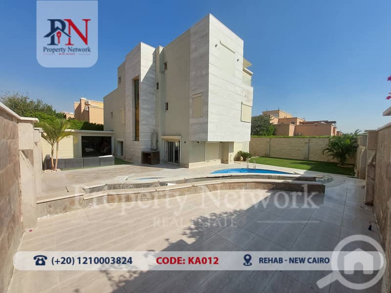 "Stand-alone Villa 660 m for Sale in Rehab - New Cairo, 05 Bedrooms including 4 masters with bathrooms,  Fully finished, 2 pools, Spanish marble"