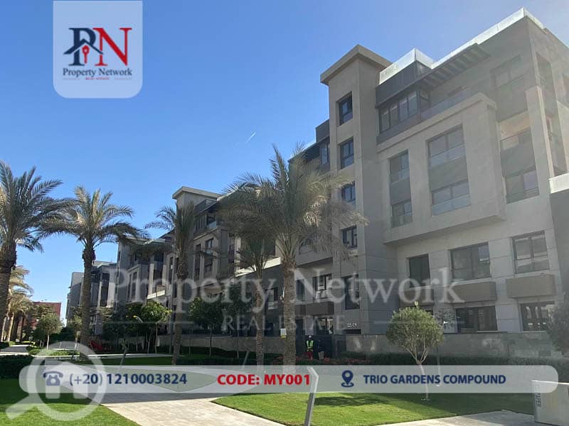 Penthouse 155 m2 for sale in Trio Gardens - New Cairo, Finishing: Fully finished Furnishing: Unfurnished View: Garden view Roof: Has a small swimming