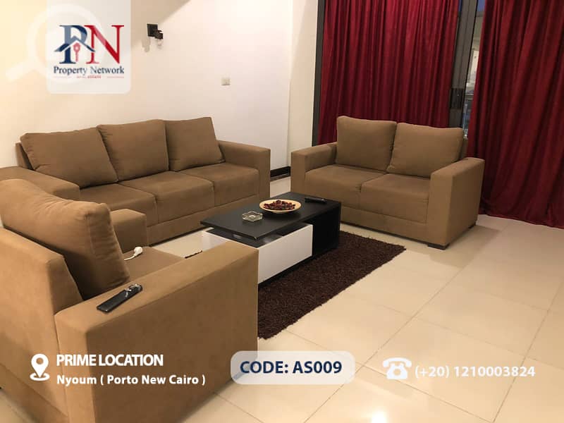 "Duplex 143 m2 for Rent in Nyoum ( Porto New Cairo ) - New Cairo, -Fully furnished with ACs - Elevator -24 hours security -Overlooking lakes. "