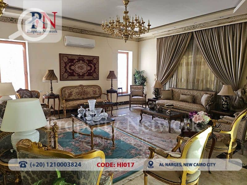 "Luxurious villa in Narges 4, Fifth Settlement, boasting 5 bedrooms, 4 bathrooms, and ample living space, First + second super luxury finishing"